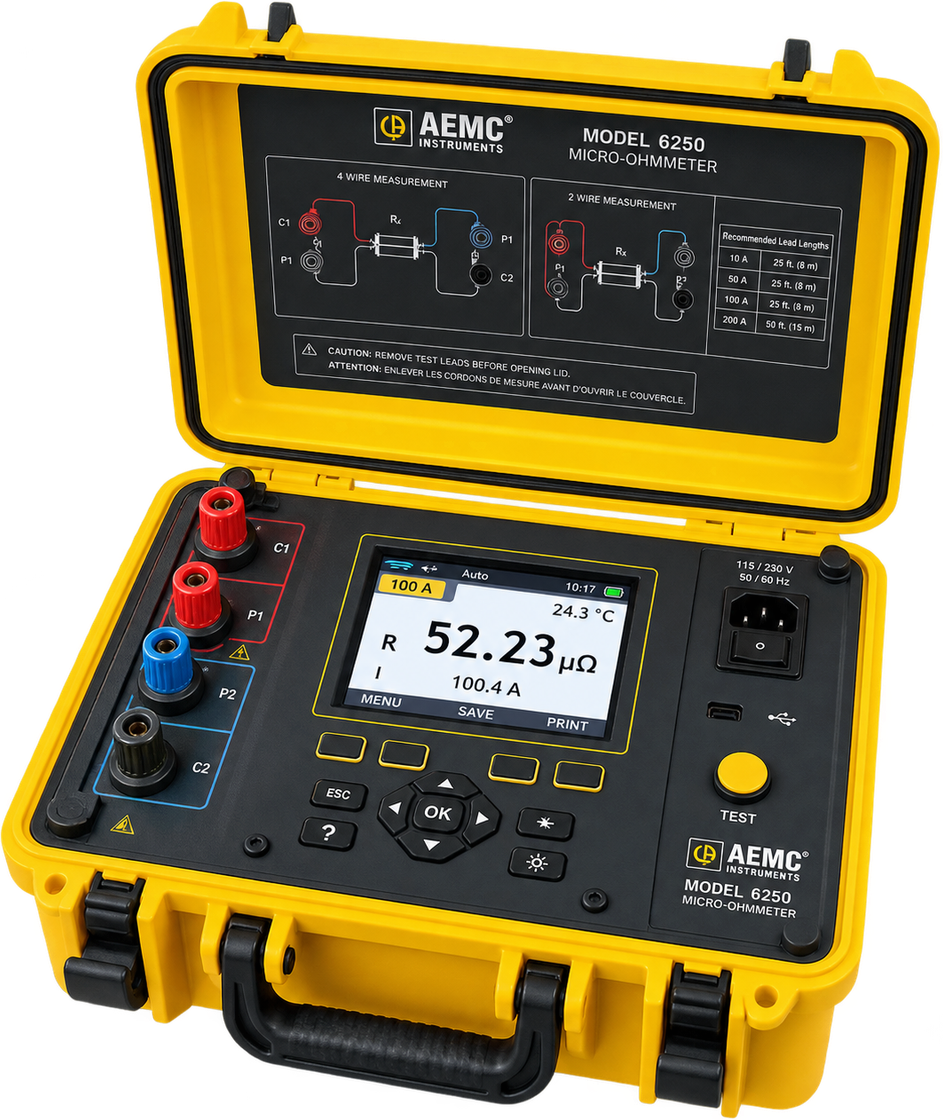 Microohmímetro AEMC 6250 abierto, con su pantalla de medición encendida